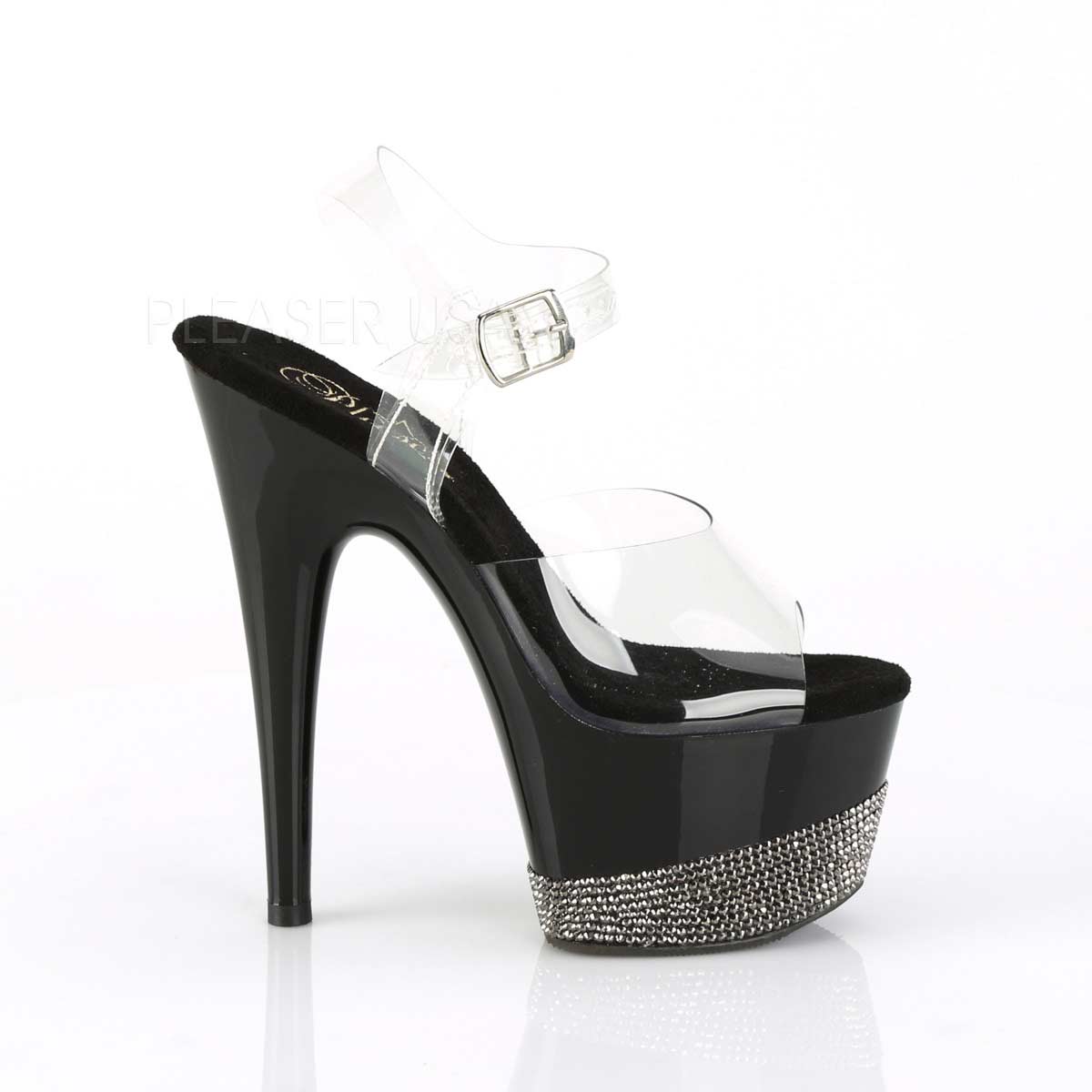 Pleaser Adore-708-3 Plateau-Sandalette Transparent/Schwarz mit Strass – Ansicht 5