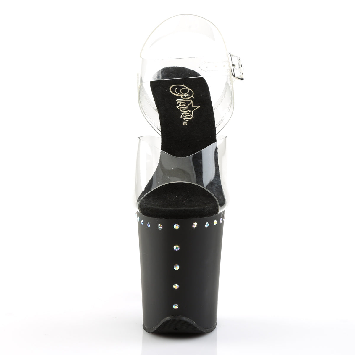 PL031 FLA Sandals 8" high Plateau clear / black / rhinestones -FLAM808ABLS/C/B