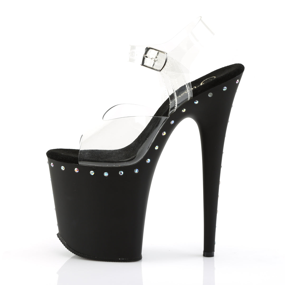 PL031 FLA Sandals 8" high Plateau clear / black / rhinestones -FLAM808ABLS/C/B