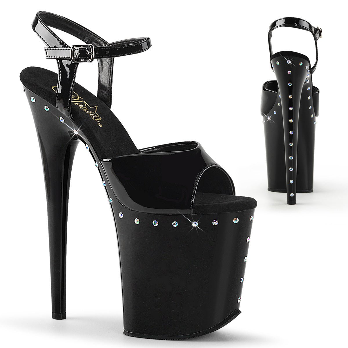 PL008 FLA Sandals 8" high Plateau black / black / rhinestones - FLAM809ABLS/B/M