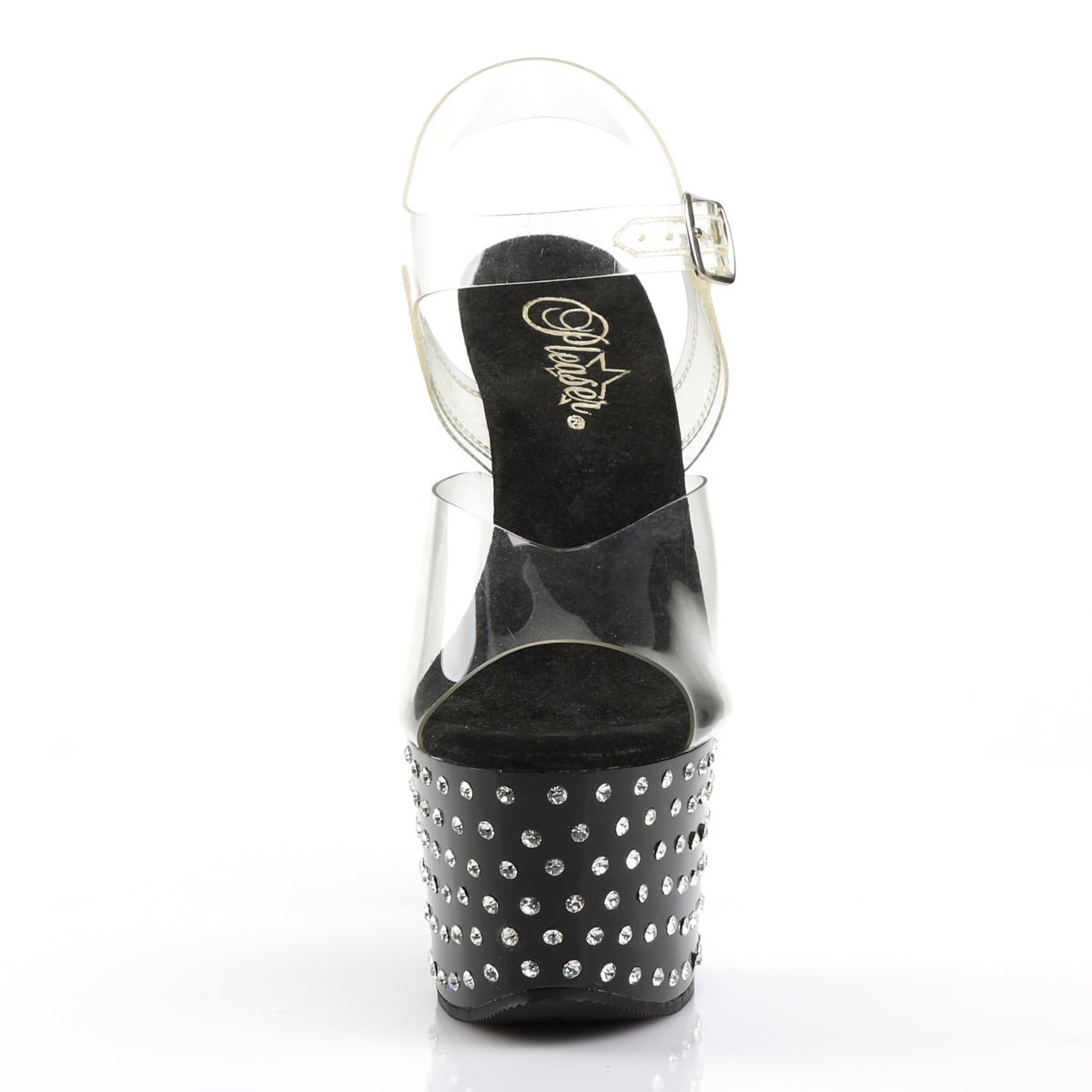 PL034 STD Sandals 7" high Plateau clear / black / rhinestones - STDUS708/C/B