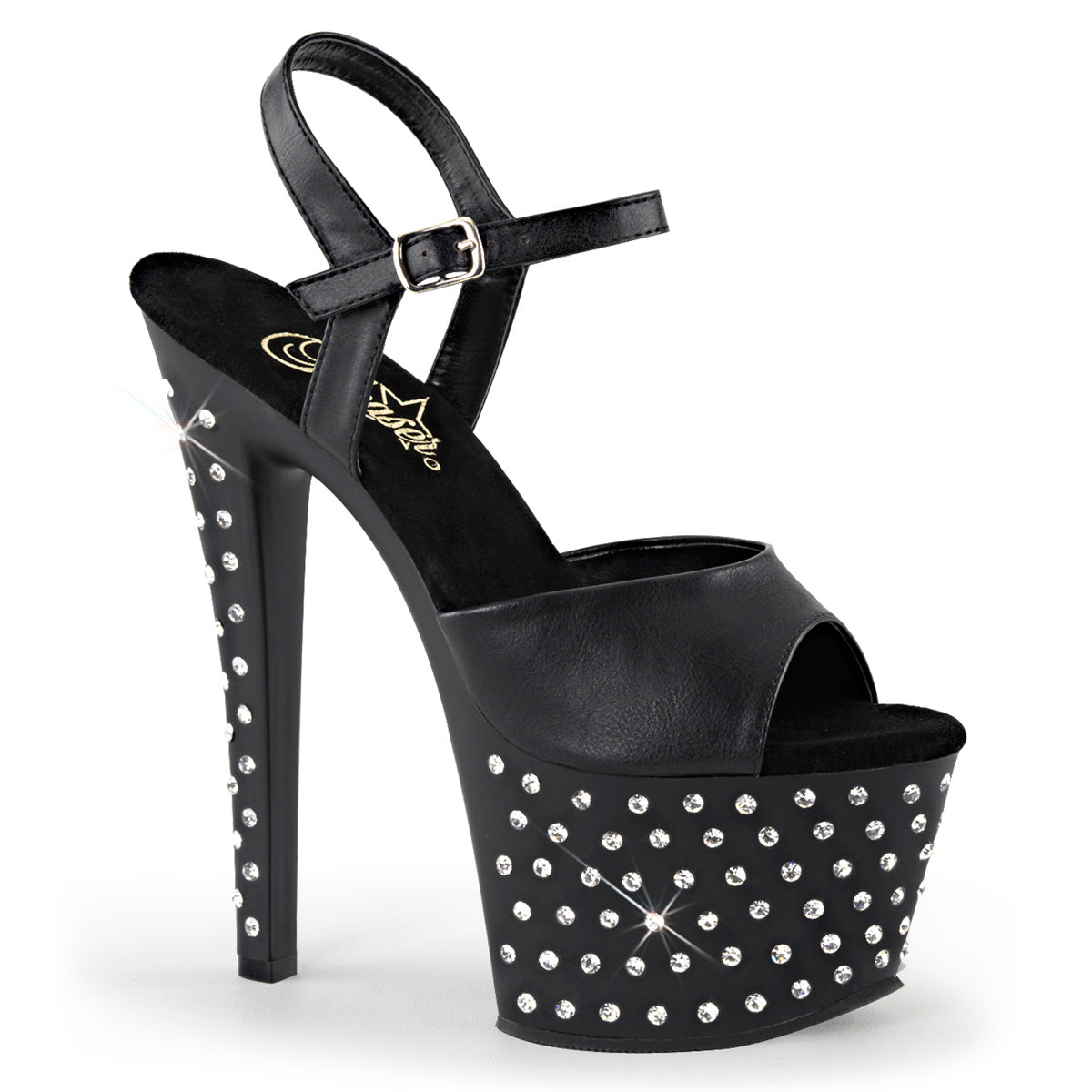 PL035 STD Sandals 7" high Plateau black / black / rhinestones - STDUS709/B/M