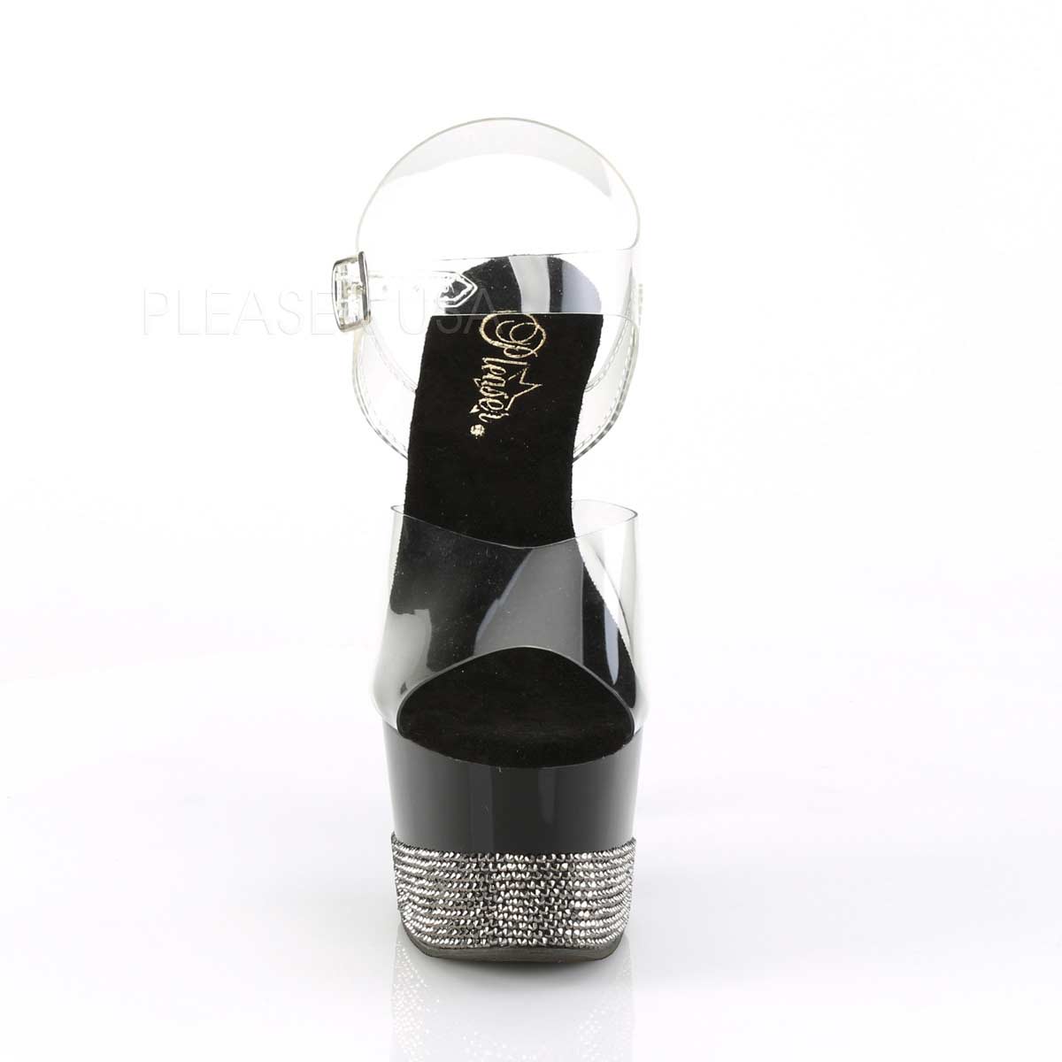 Pleaser Adore-708-3 Plateau-Sandalette Transparent/Schwarz mit Strass – Ansicht 2