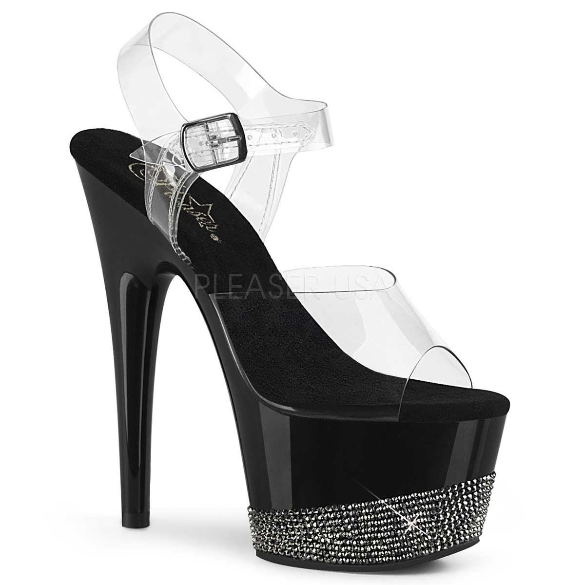 Pleaser Adore-708-3 Plateau-Sandalette Transparent/Schwarz mit Strass – Ansicht 1