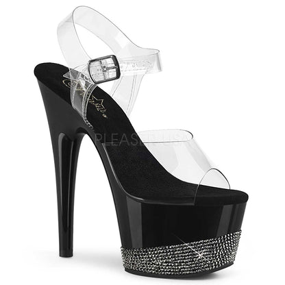 Pleaser Adore-708-3 Plateau-Sandalette Transparent/Schwarz mit Strass – Ansicht 1