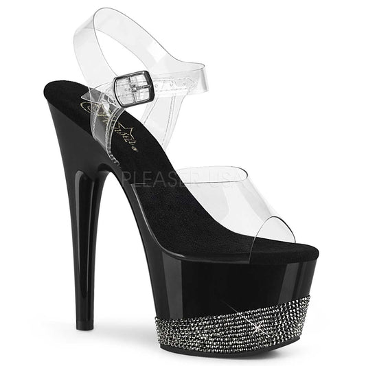 Pleaser Adore-708-3 Plateau-Sandalette Transparent/Schwarz mit Strass – Ansicht 1