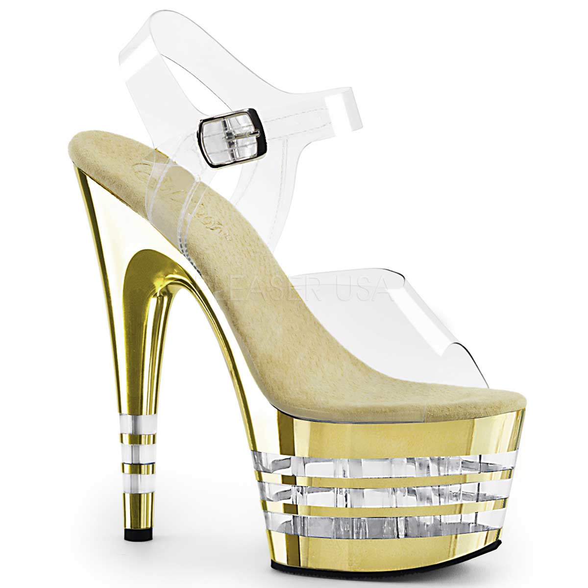 Pleaser Adore-708CHLN Plateau-Sandalette Transparent/Gold-Chrom