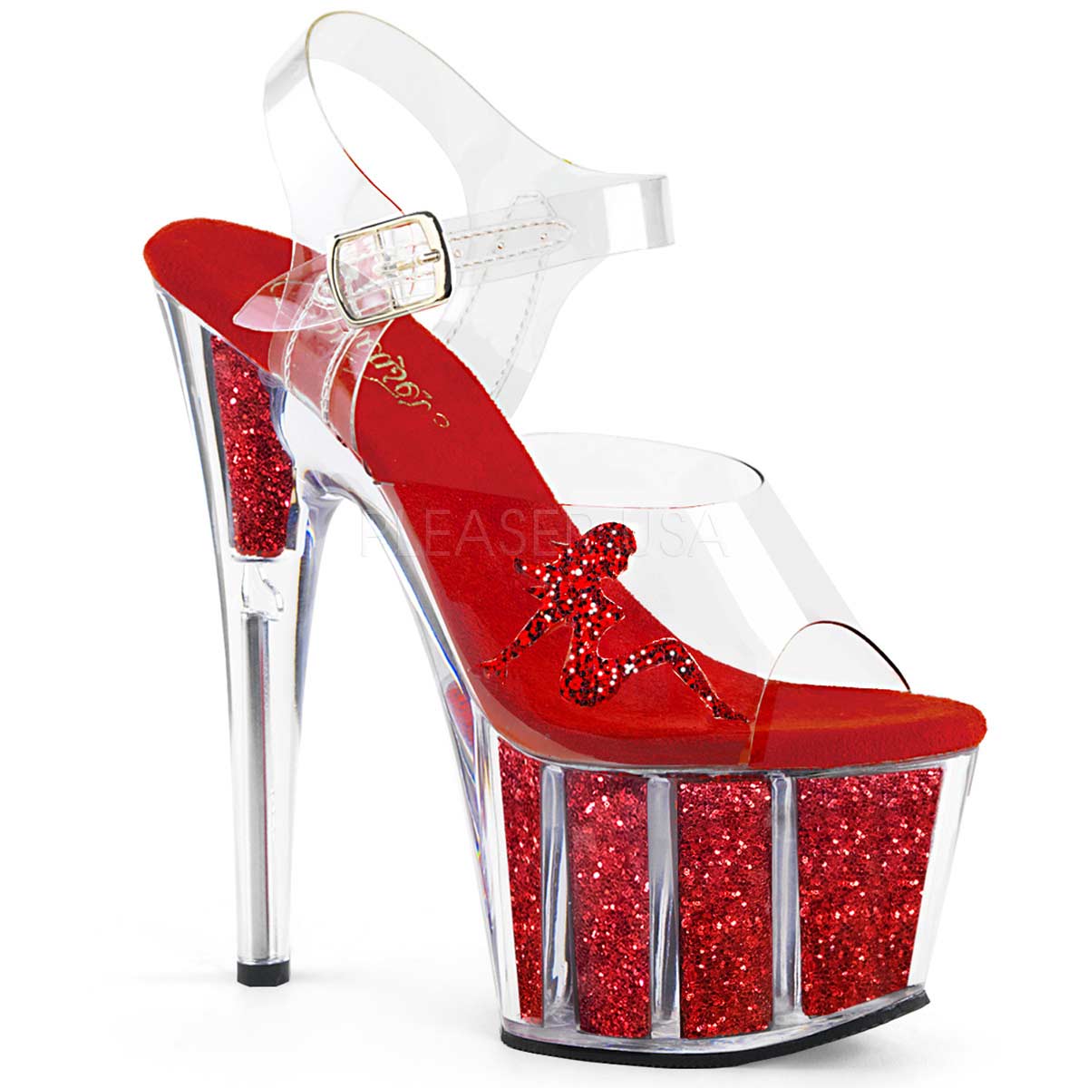 Pleaser Adore-708GTG Plateau-Sandalette Transparent/Rot Glitzer