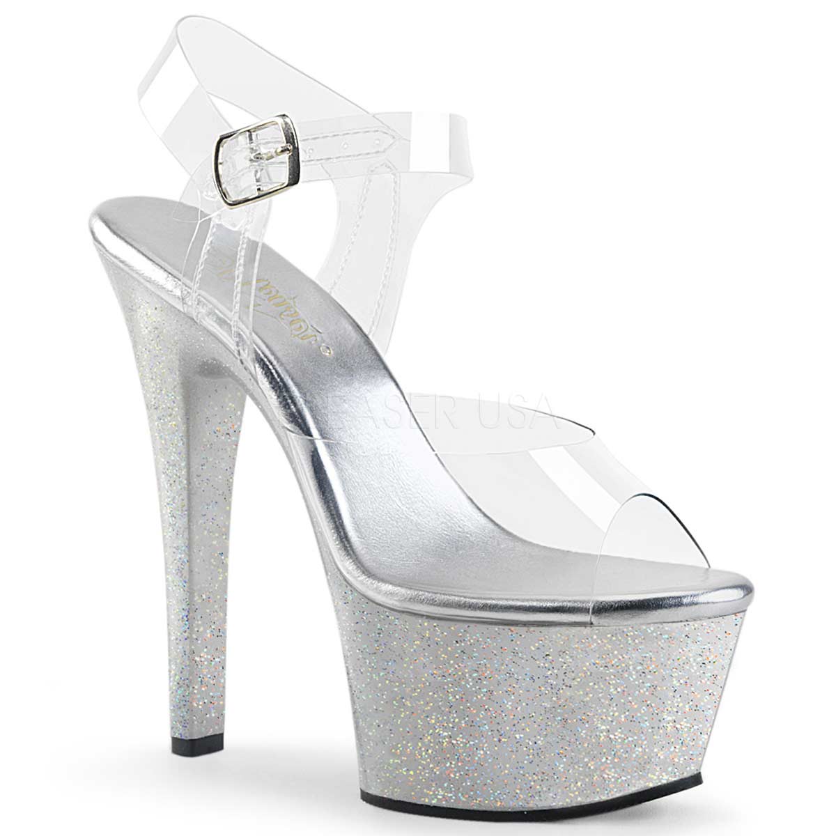 Pleaser Aspire-608MG Plateau-Sandalette Transparent/Silber-Glitzer – Ansicht 1