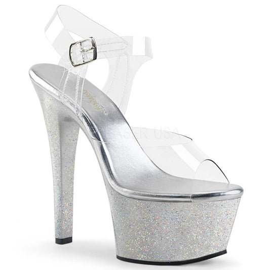 Pleaser Aspire-608MG Plateau-Sandalette Transparent/Silber-Glitzer – Ansicht 1
