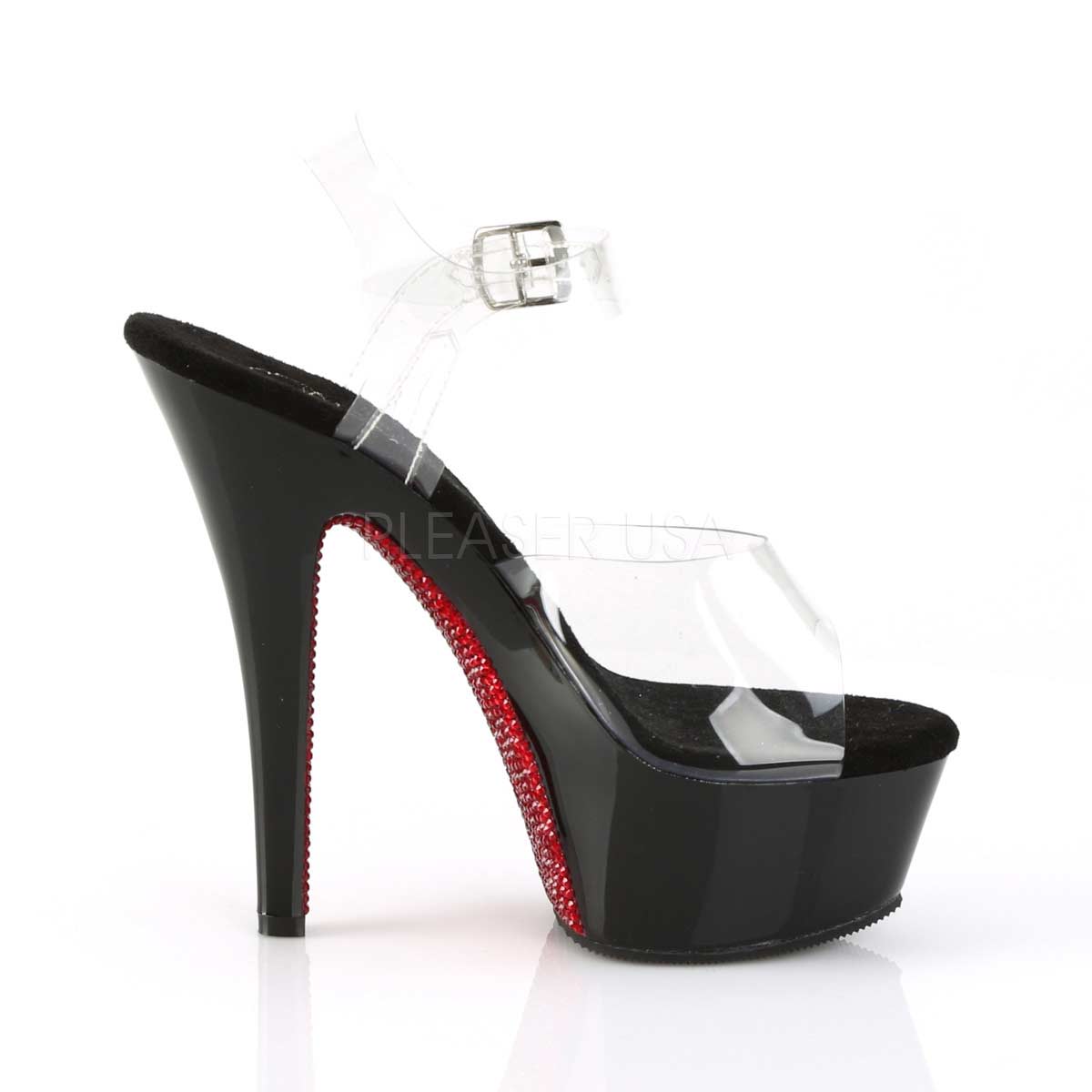 Pleaser Kiss-208CRS Plateau-Sandalette Transparent/Schwarz mit roten Strasssteinen – Ansicht 5