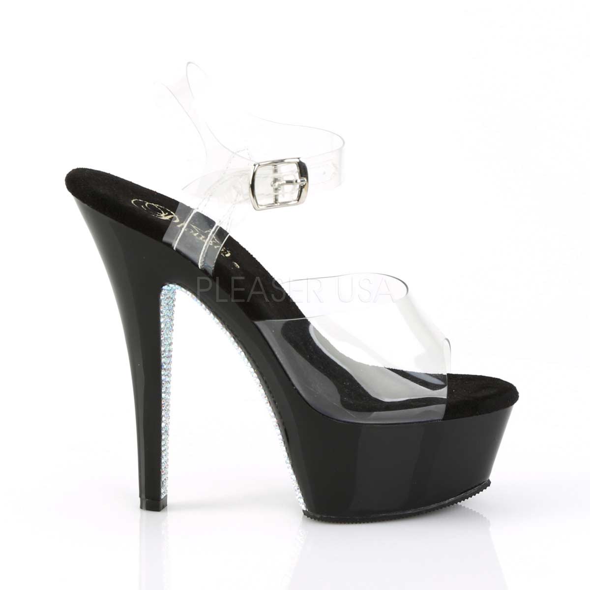 Pleaser Kiss-208CRS Plateau-Sandalette Transparent/Schwarz mit silbernen Strasssteinen – Ansicht 5