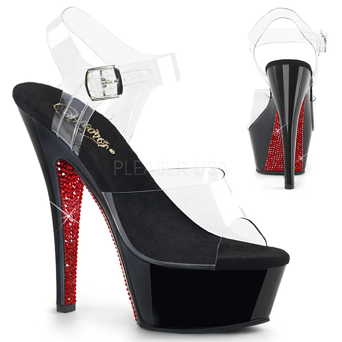 Pleaser Kiss-208CRS Plateau-Sandalette Transparent/Schwarz mit roten Strasssteinen – Ansicht 1