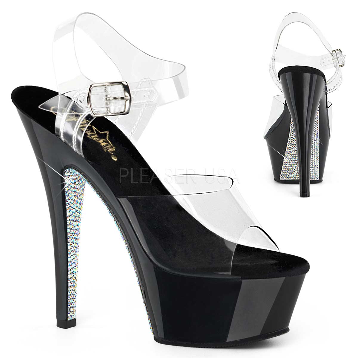 Pleaser Kiss-208CRS Plateau-Sandalette Transparent/Schwarz mit silbernen Strasssteinen – Ansicht 1