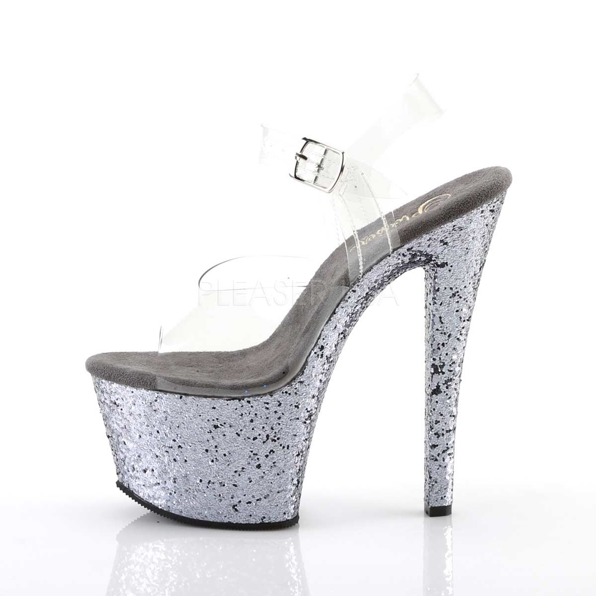 Pleaser Sky-308LG Plateau-Sandalette Transparent/Zinn-Glitzer – Ansicht 3