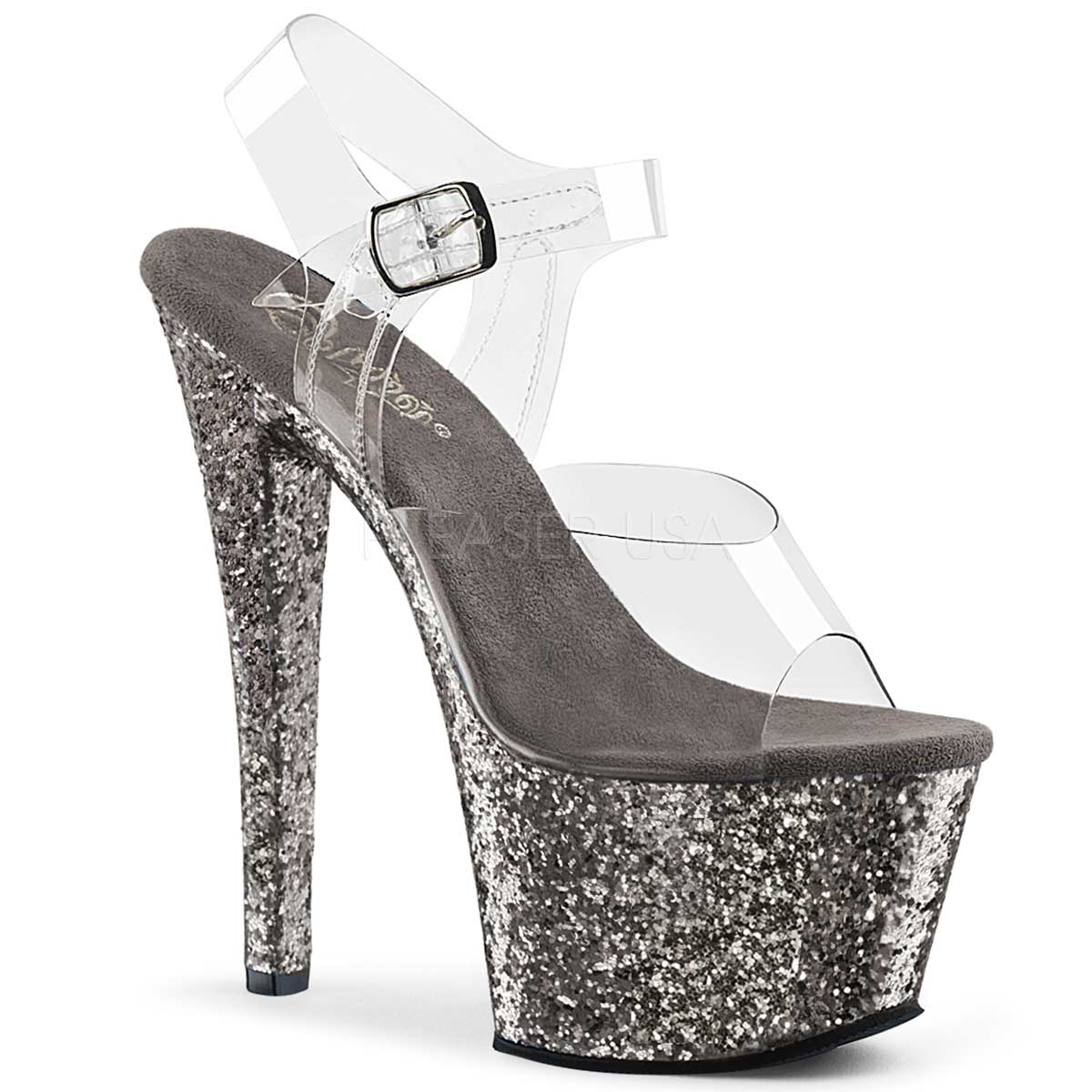 Pleaser Sky-308LG Plateau-Sandalette Transparent/Zinn-Glitzer – Ansicht 1