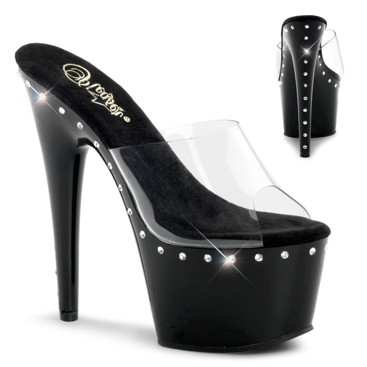 PL125 ADO Stiletto 7" high Plateau clear / black / rhinestones - ADO701LS/C/B