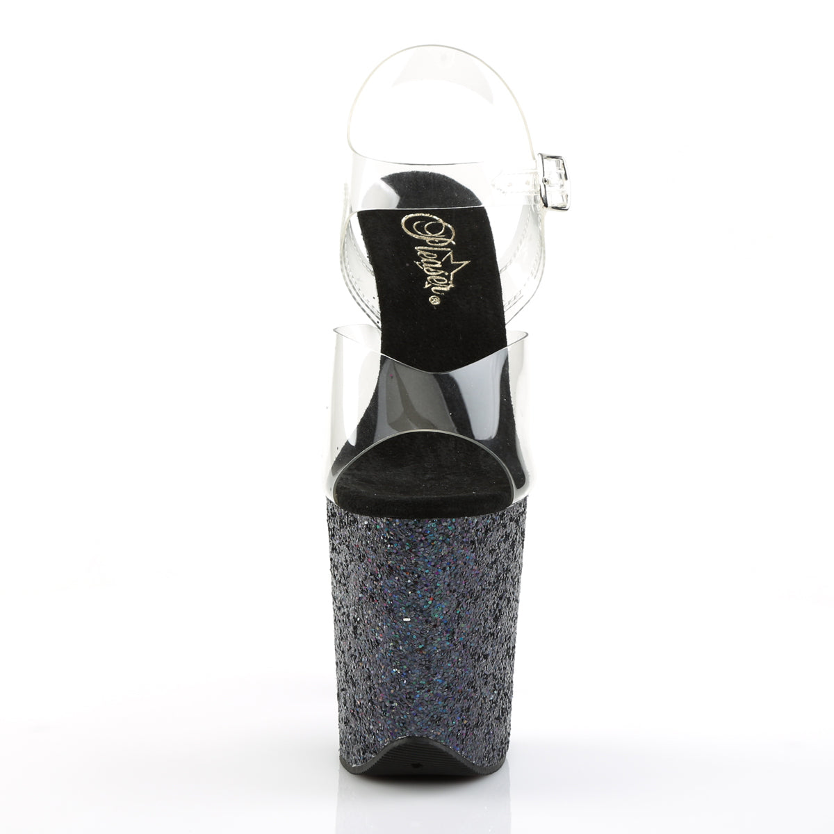 PL032 FLA Sandals 8" high Plateau clear / black / glitter - FLAM808LG/C/BG