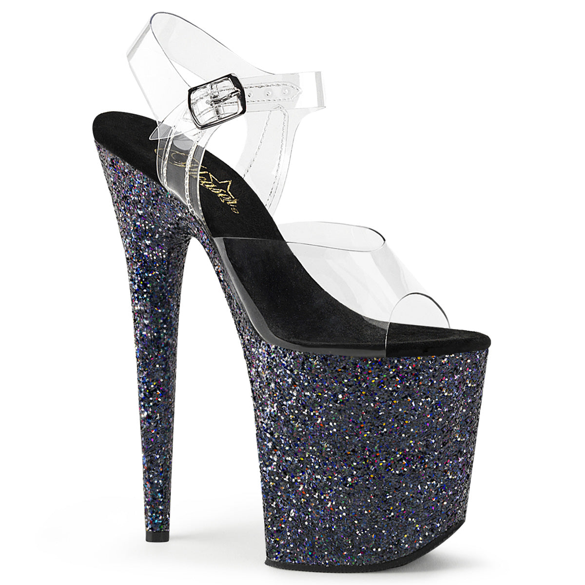 PL032 FLA Sandals 8" high Plateau clear / black / glitter - FLAM808LG/C/BG